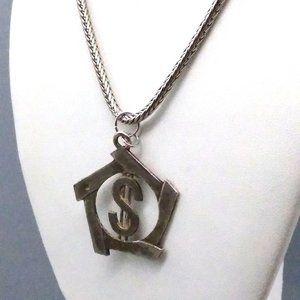 Distressed Vintage Dollar Sign Pendant Necklace, Fun Money on Silver Tone Chunky